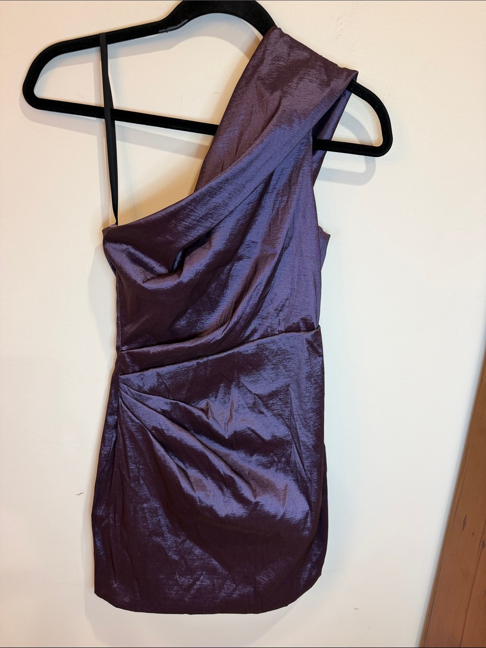 Xscape One-Shoulder Shimmery Plum Mini Dress